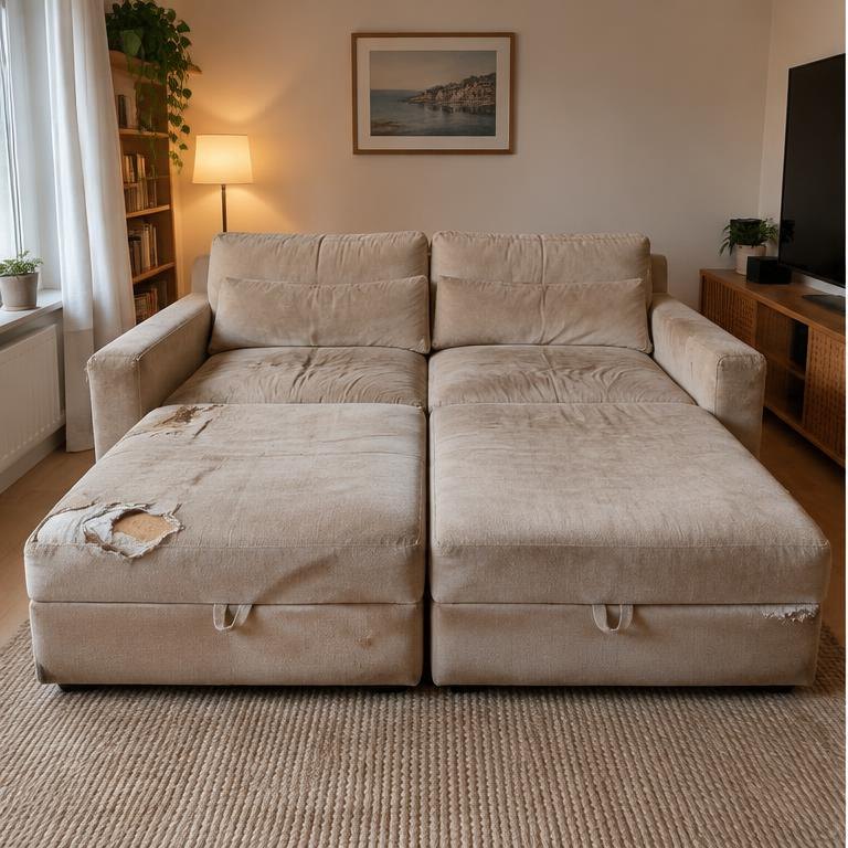 Antes: Retrátil 2 módulos em suede caramelo desgastado