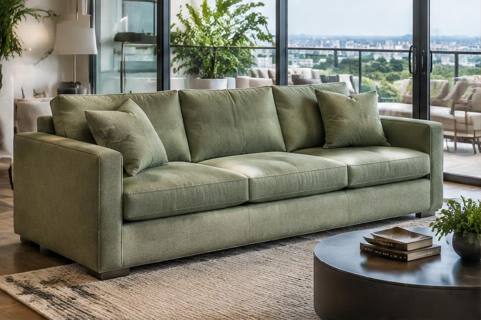 Sofá em linho verde em apartamento de luxo — inspiração ilustrativa